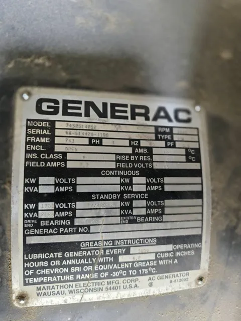 6 1750kw generac industrial generator unit 091356 data tag