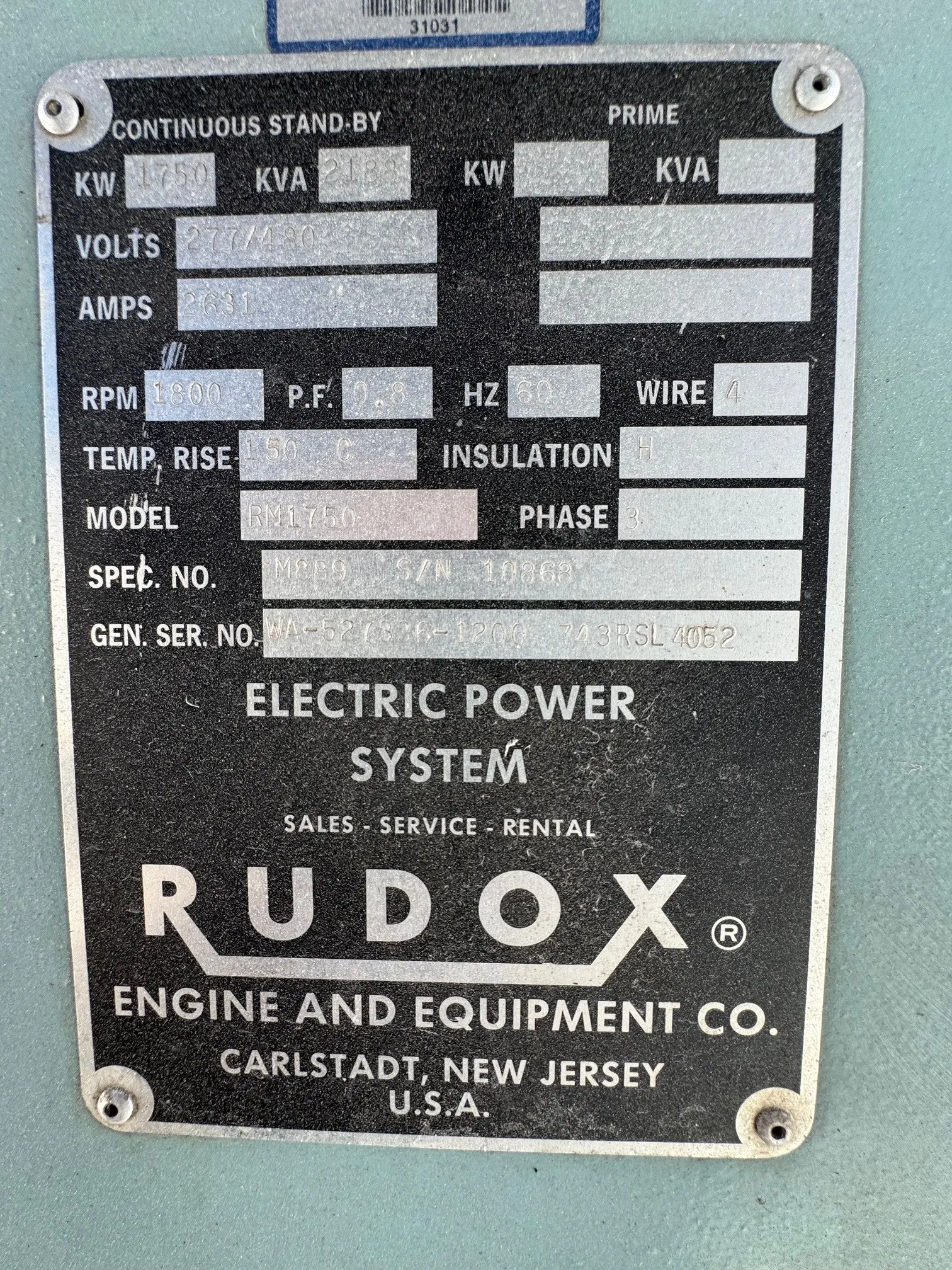 6 1750kw mitsubishi industrial generator unit 091357 data tag