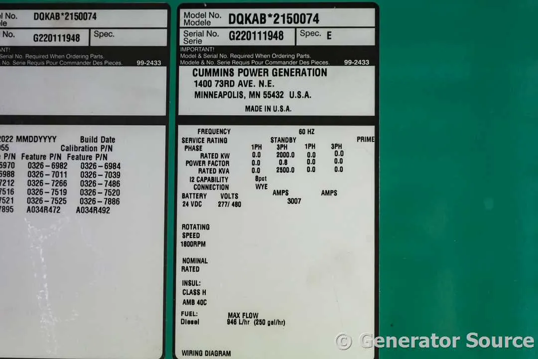 6 2000kw cummins industrial generator unit 092158 data tag