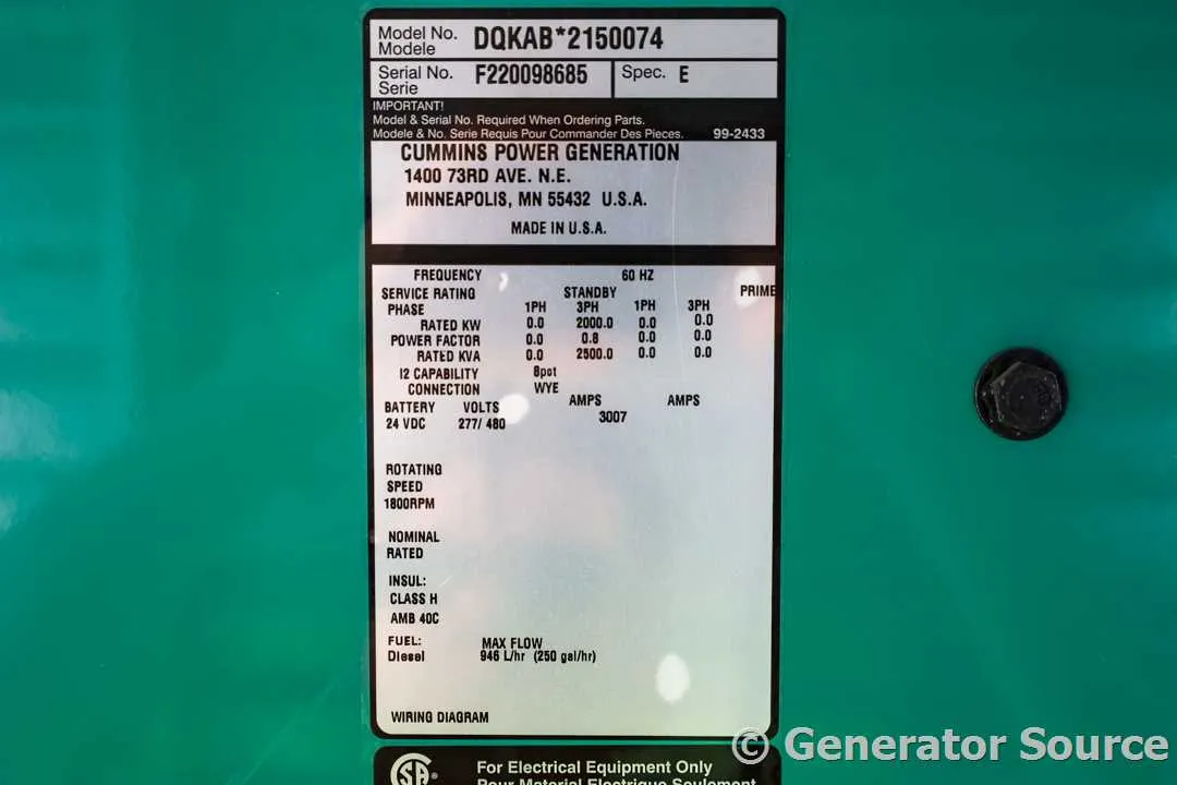 6 2000kw cummins industrial generator unit 092159 data tag