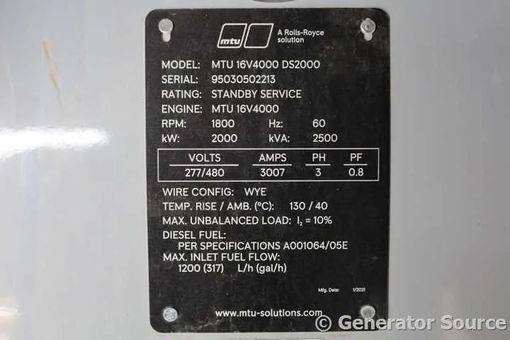 6 2000kw mtu industrial generator unit 091082 data tag