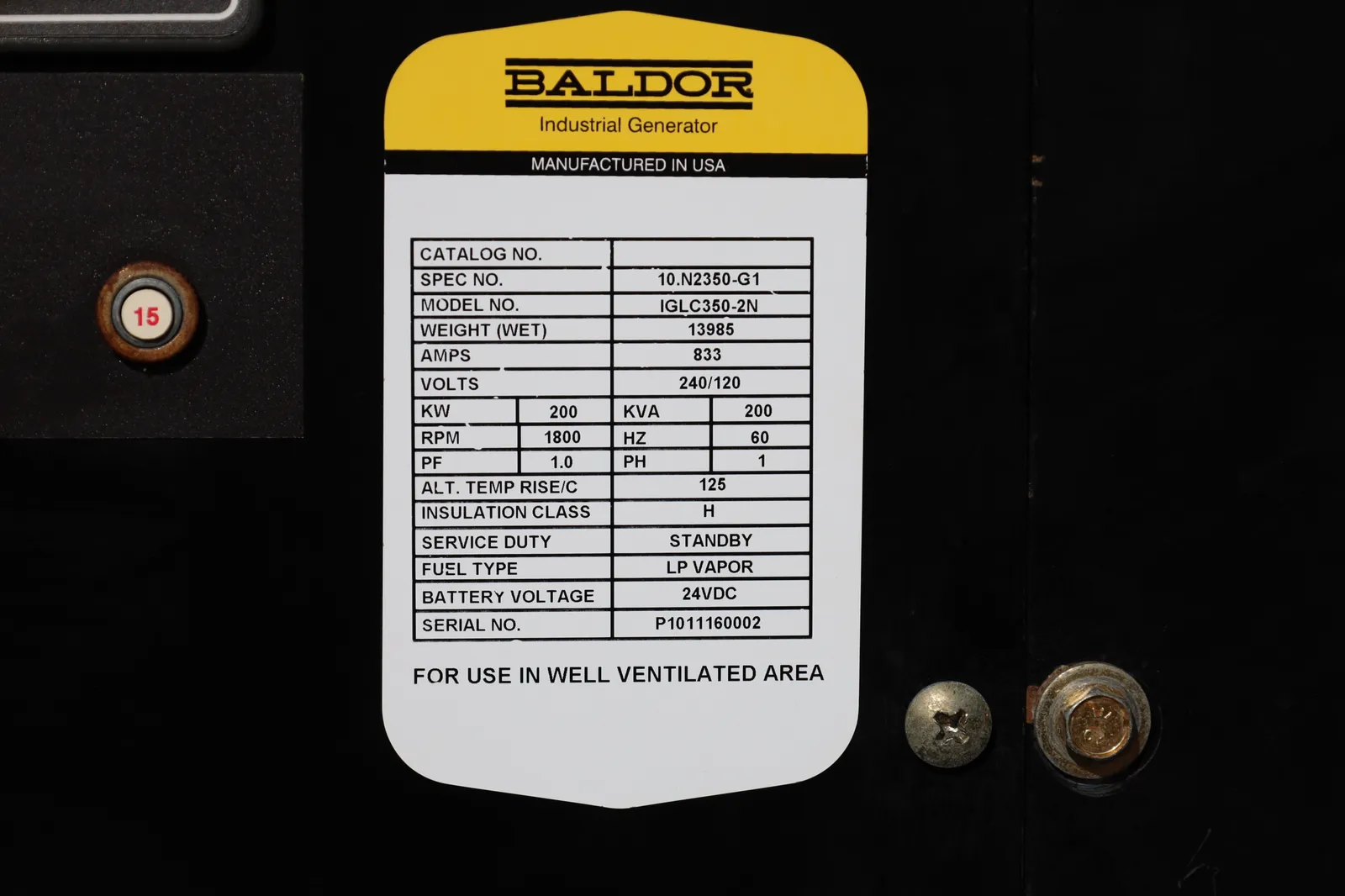 6 200kw baldor industrial generator unit 090738 data tag