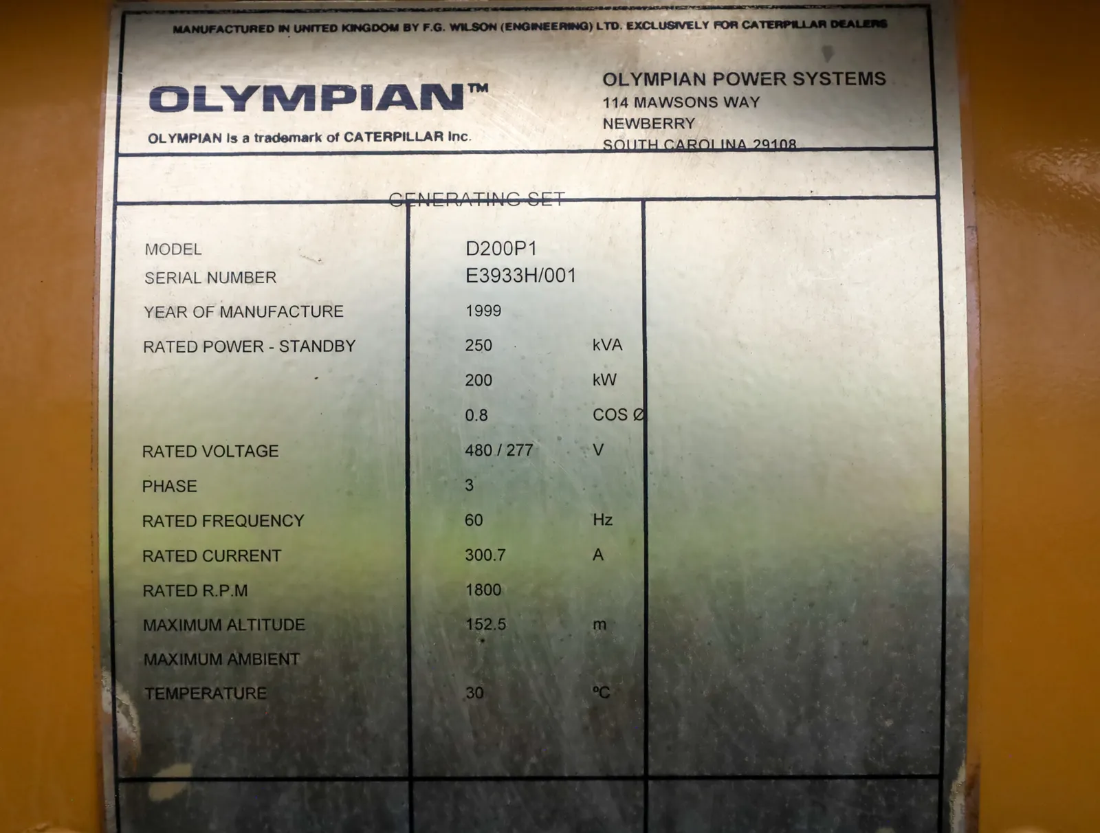 6 200kw caterpillar industrial generator unit 092683 data tag