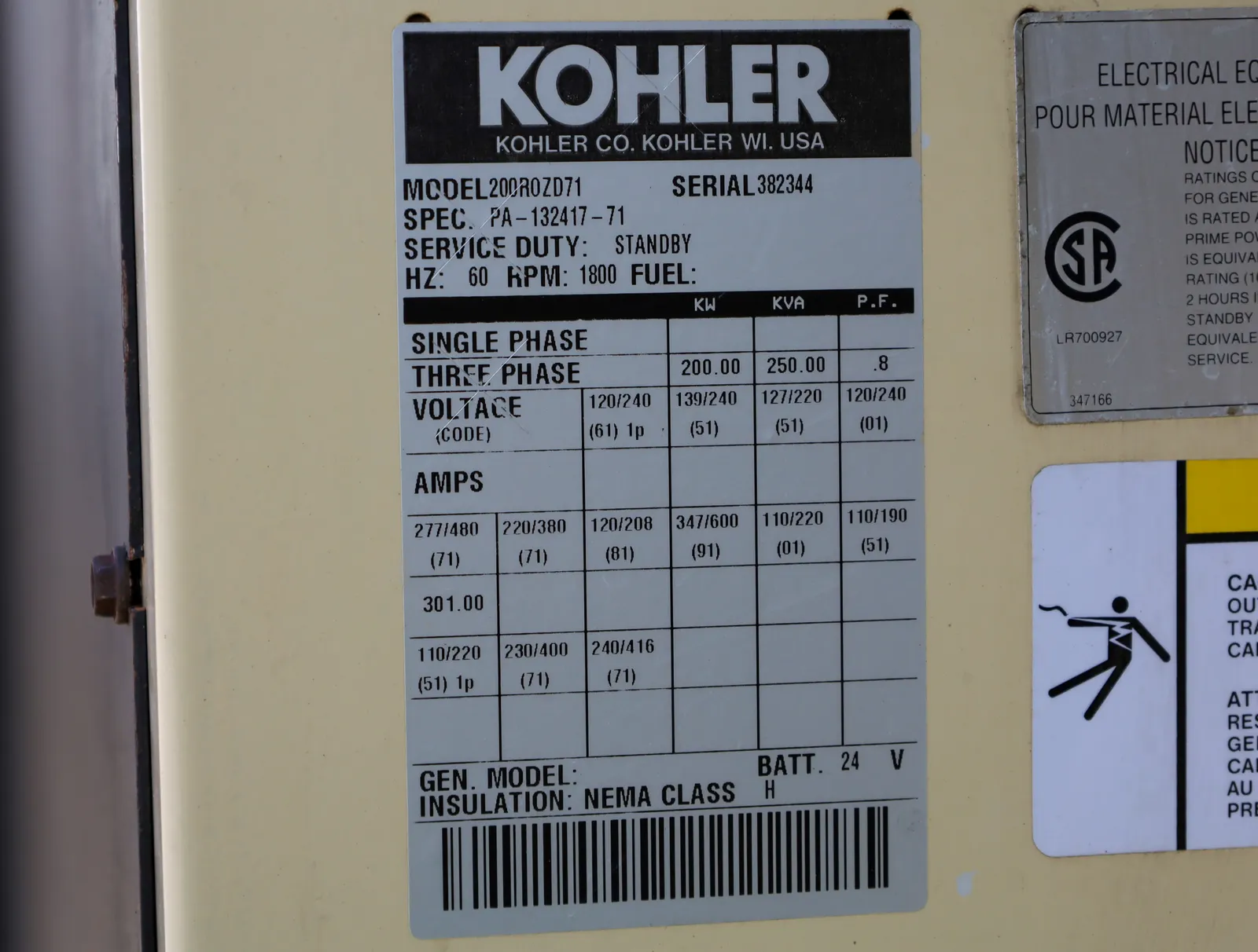 6 200kw kohler industrial generator unit 090279 data tag