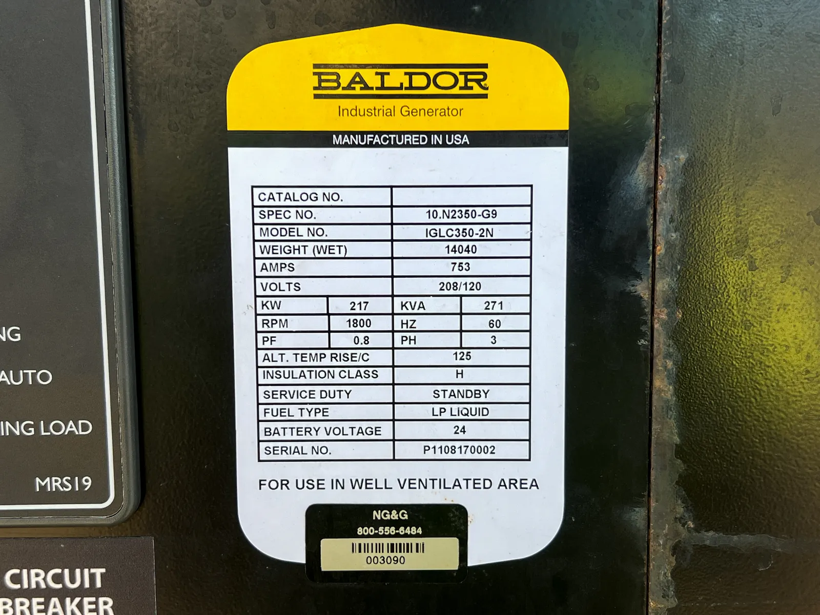 6 217kw baldor industrial generator unit 092468 data tag