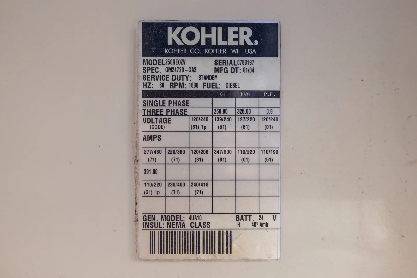 6 260kw kohler industrial generator unit 089653 data tag