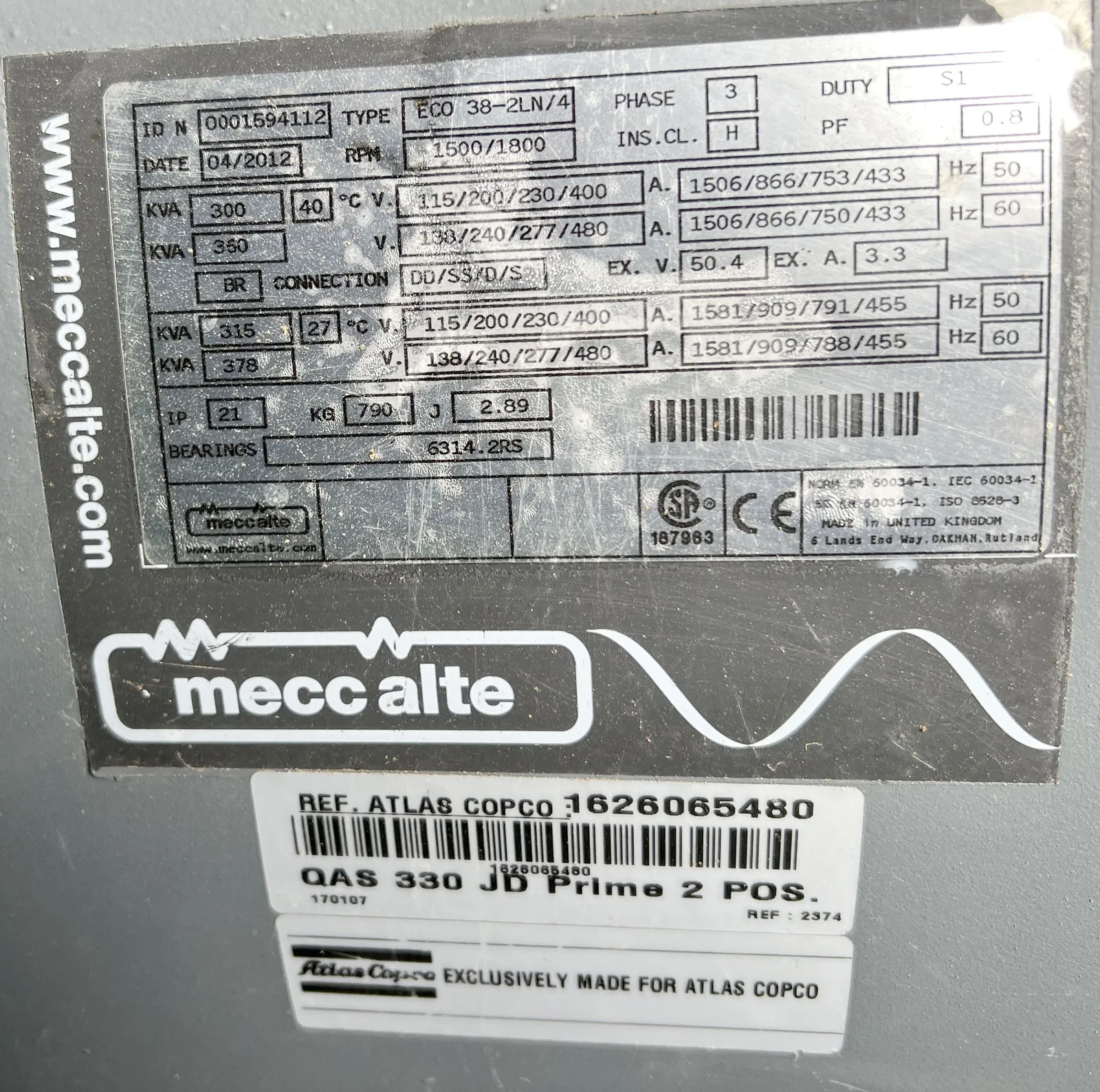 6 283kw pramac industrial generator unit 089088 data tag