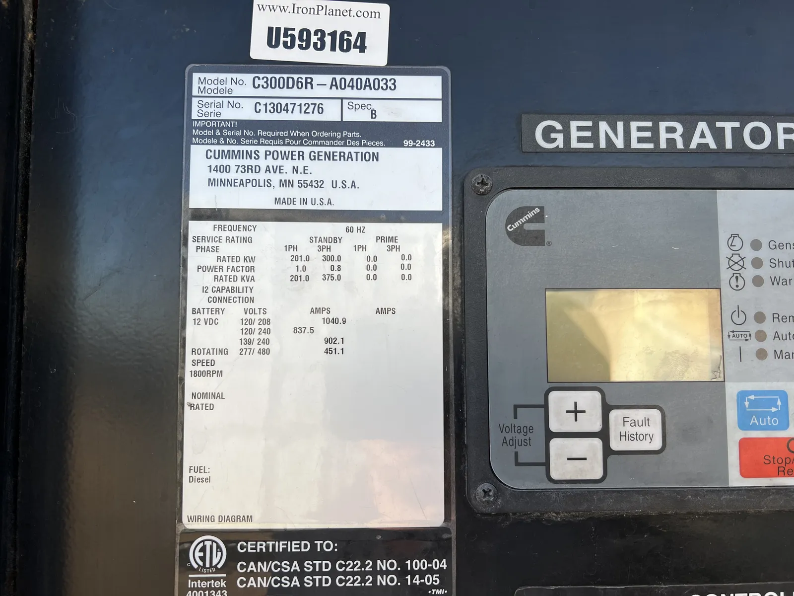 6 300kw cummins industrial generator unit 089423 data tag