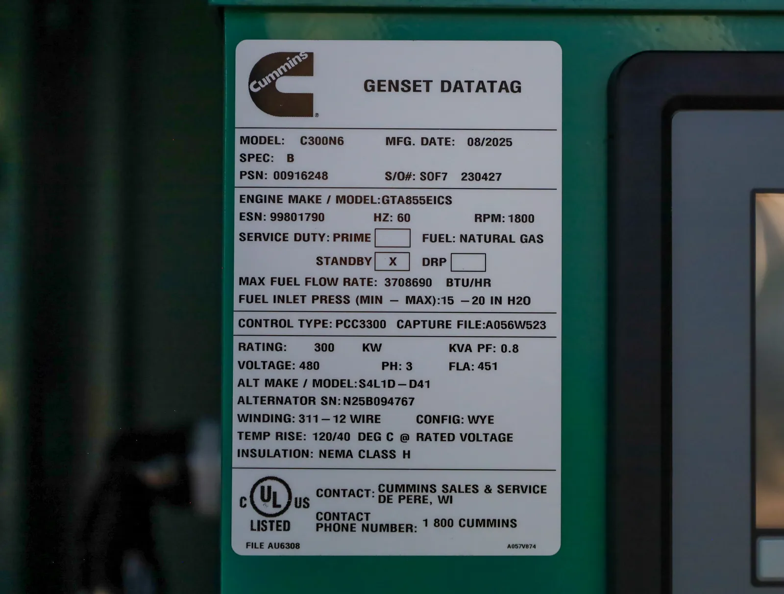 6 300kw cummins industrial generator unit 092672 data tag