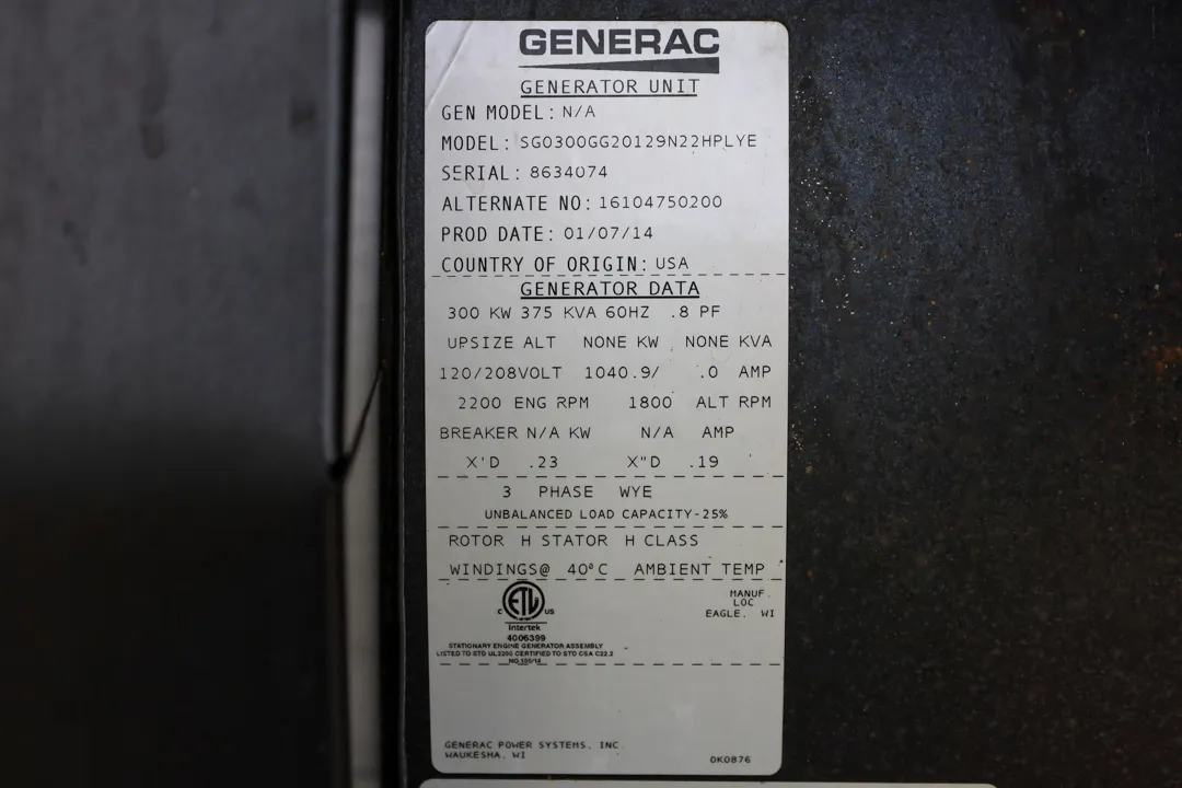 6 300kw generac industrial generator unit 092047 data tag