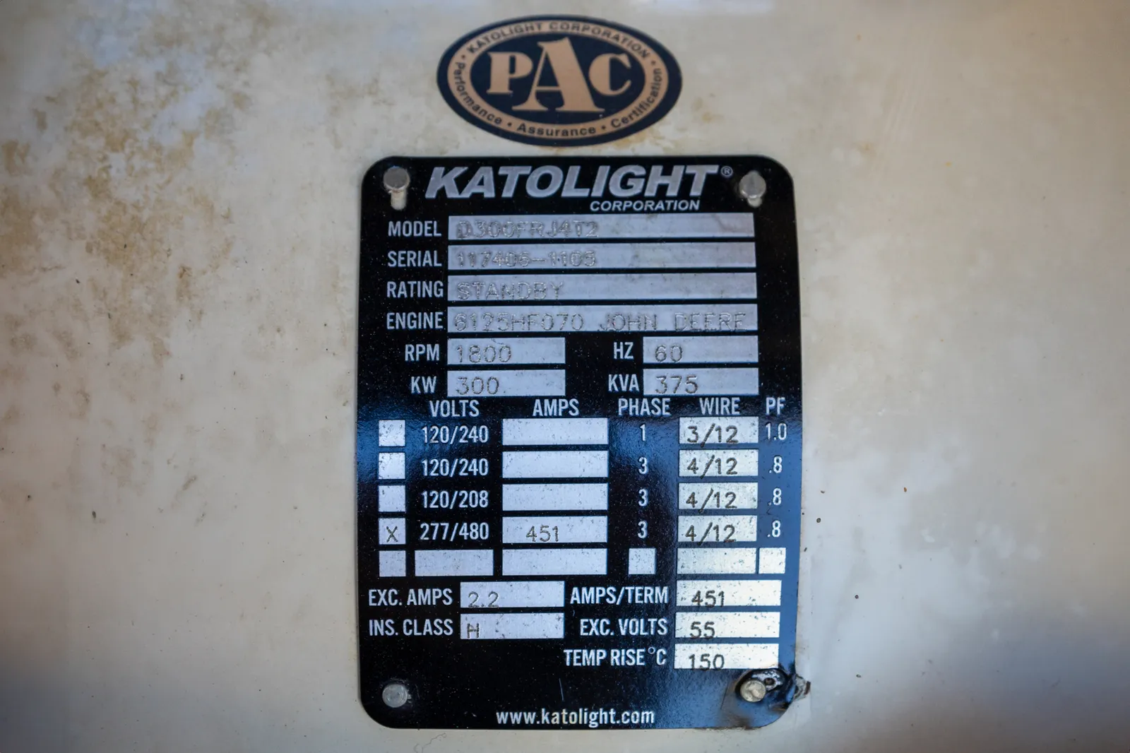 6 300kw katolight industrial generator unit 090750 data tag