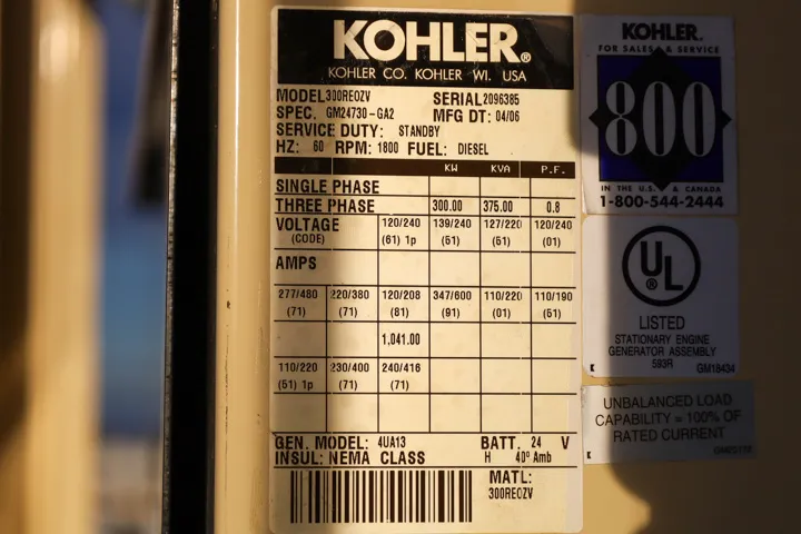 6 300kw kohler industrial generator unit 091560 data tag