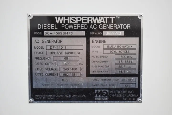 6 320kw multiquip industrial generator unit 090471 data tag