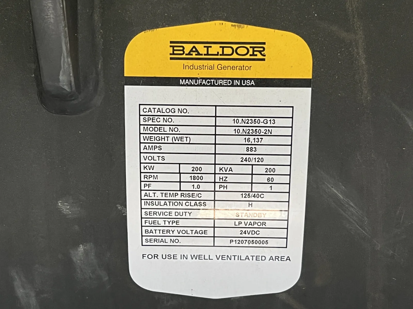 6 332kw baldor industrial generator unit 092470 data tag