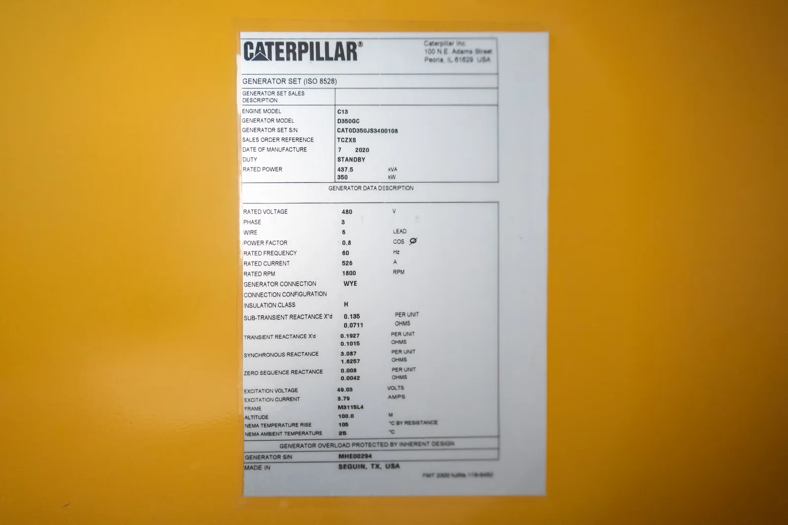 6 350kw caterpillar industrial generator unit 092073 data tag