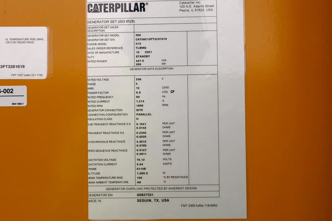 6 350kw caterpillar industrial generator unit 092334 data tag