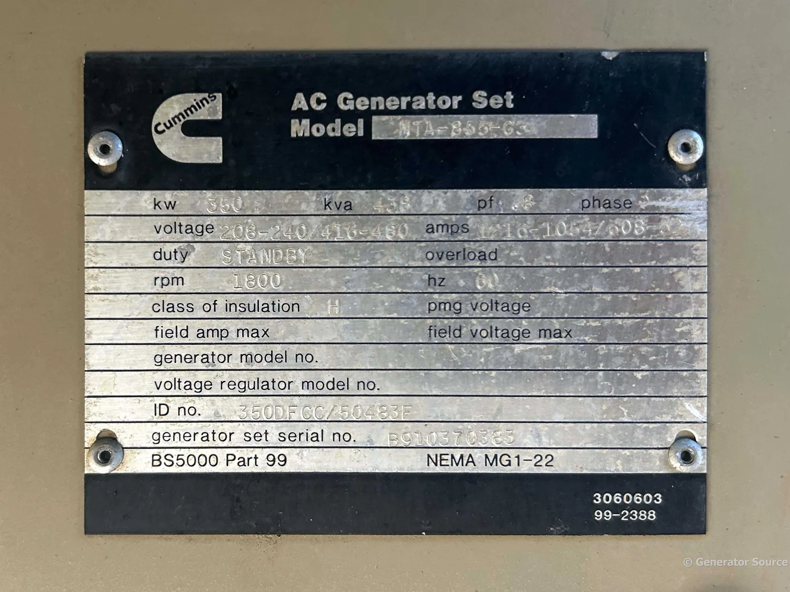 6 350kw cummins industrial generator unit 090744 data tag
