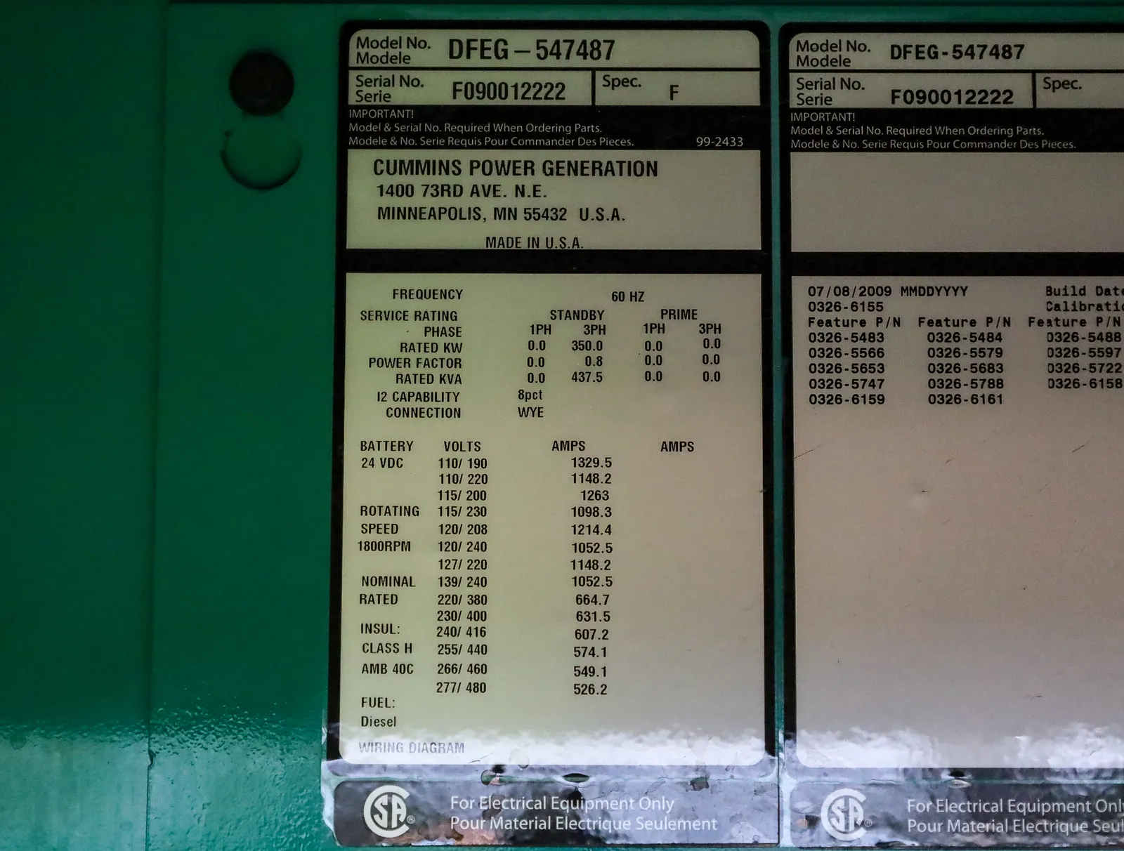 6 350kw cummins industrial generator unit 092126 data tag