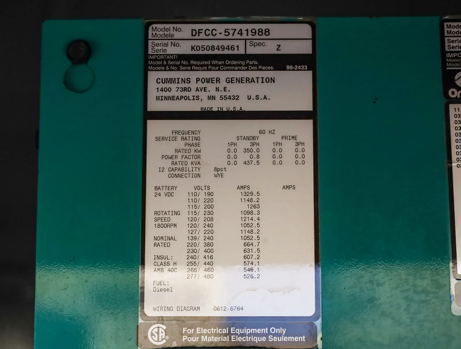 6 350kw cummins industrial generator unit 092653 data tag