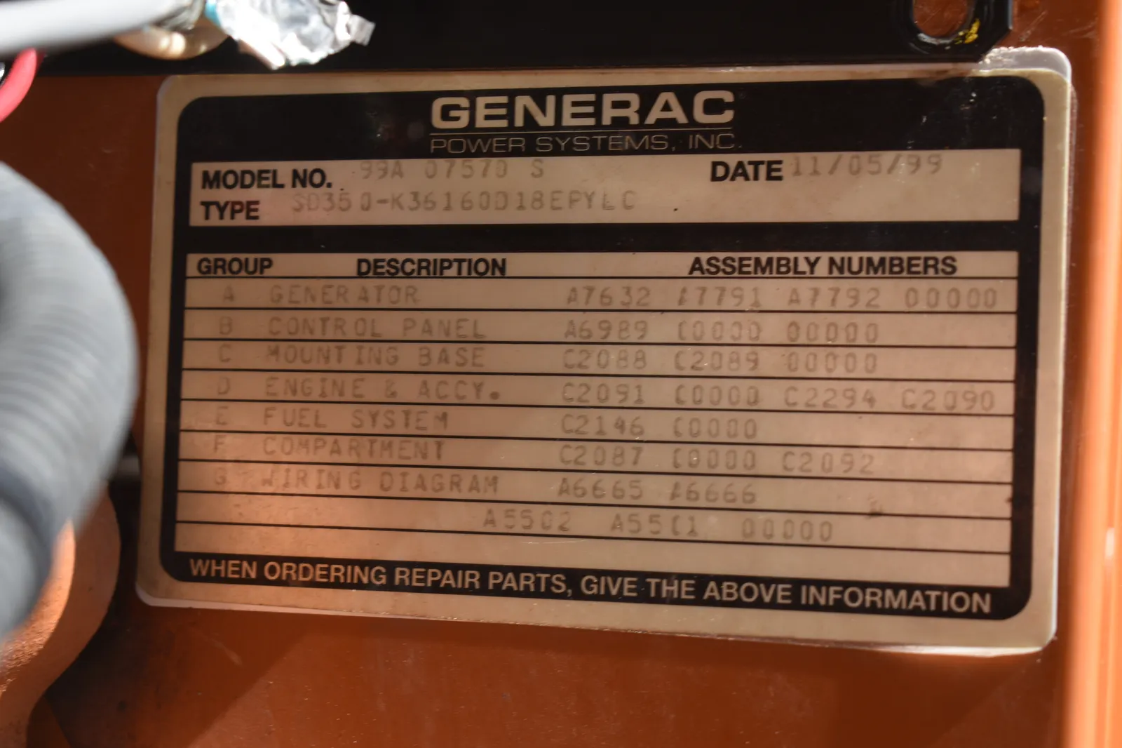 6 350kw generac industrial generator unit 089630 data tag