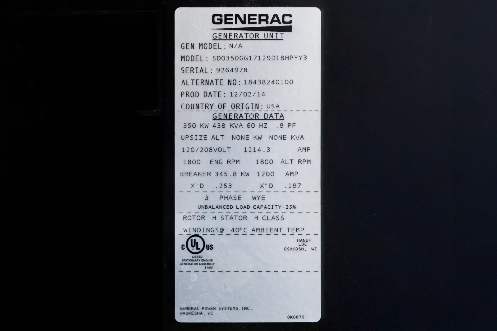 6 350kw generac industrial generator unit 091420 data tag