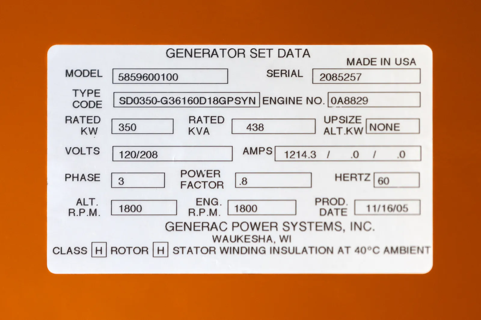 6 350kw generac industrial generator unit 092311 data tag