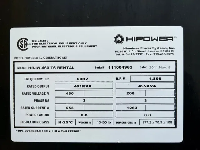 6 369kw hipower industrial generator unit 089757 data tag