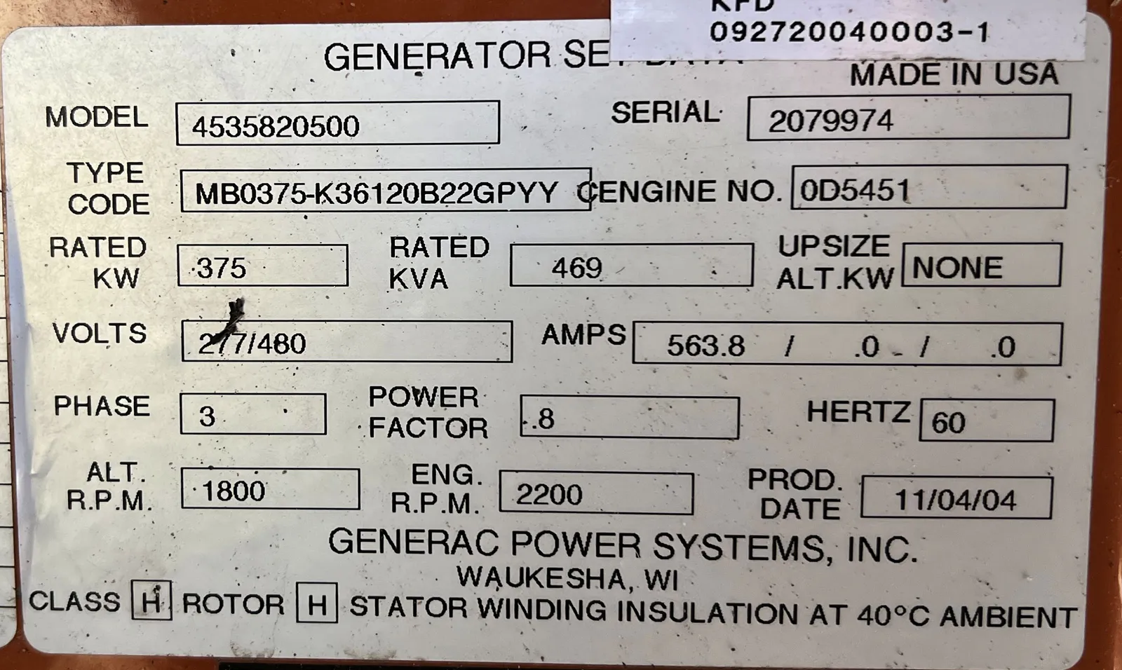 6 375kw generac industrial generator unit 089061 data tag