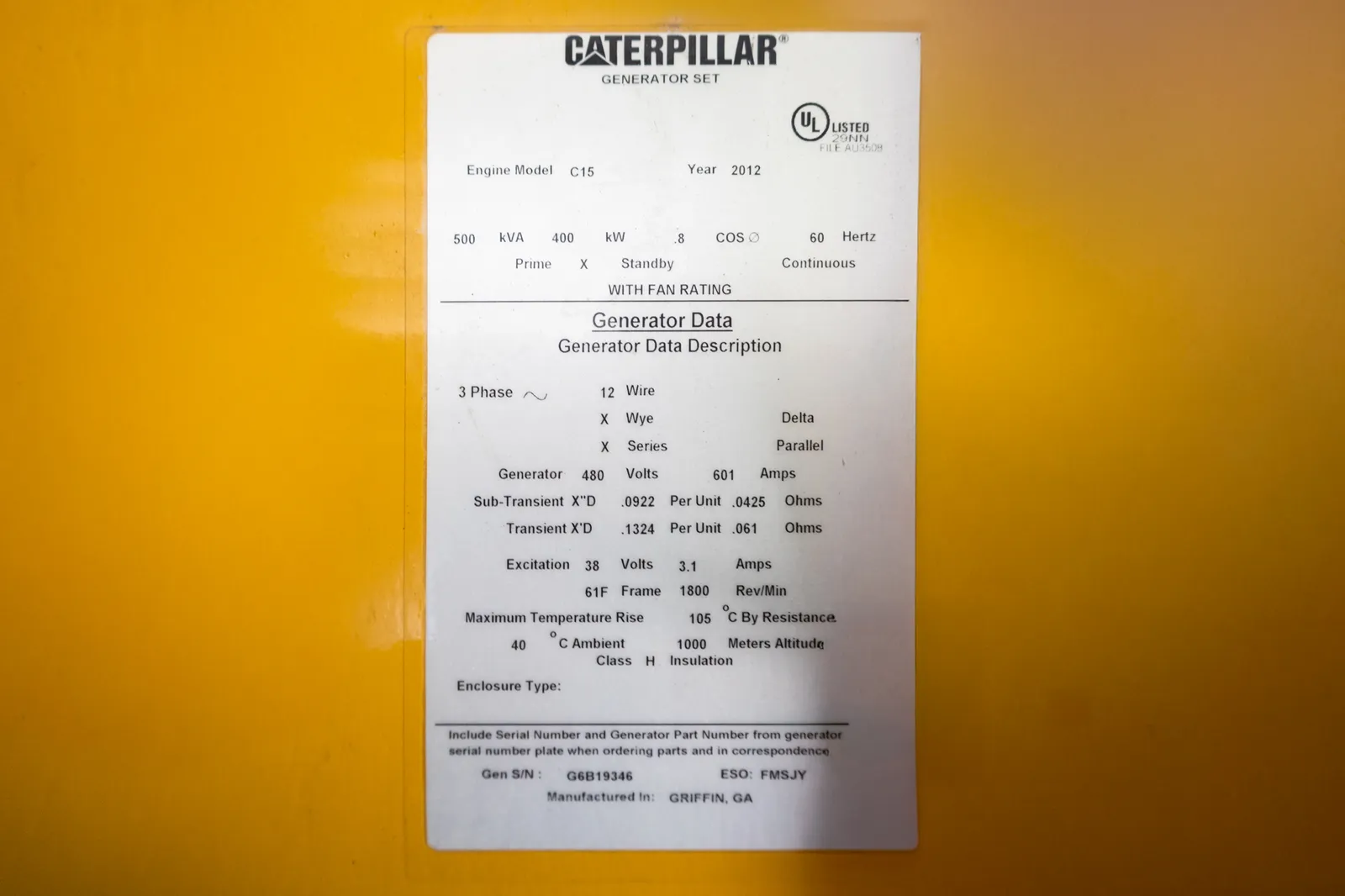 6 400kw caterpillar industrial generator unit 092147 data tag