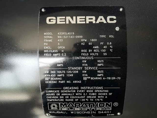 6 400kw generac industrial generator unit 089606 data tag