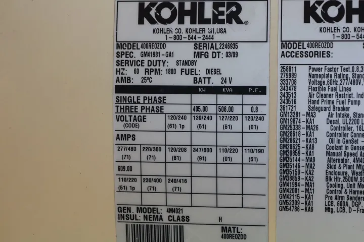 6 400kw kohler industrial generator unit 090651 data tag