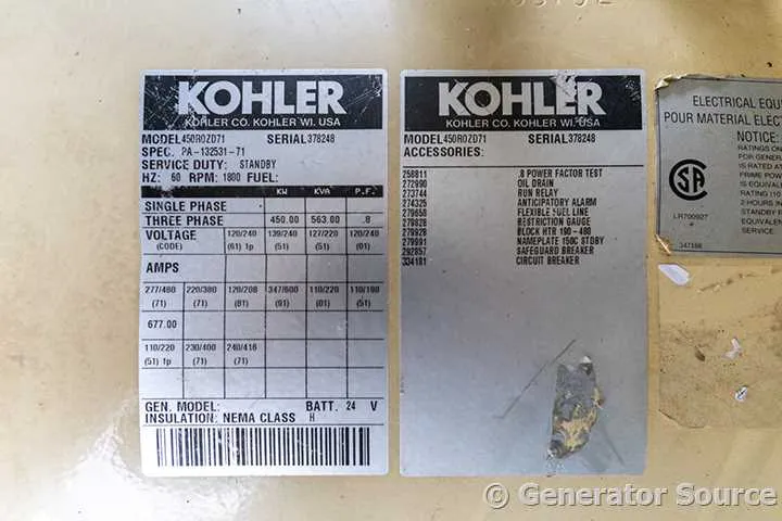 6 450kw kohler industrial generator unit 089829 data tag