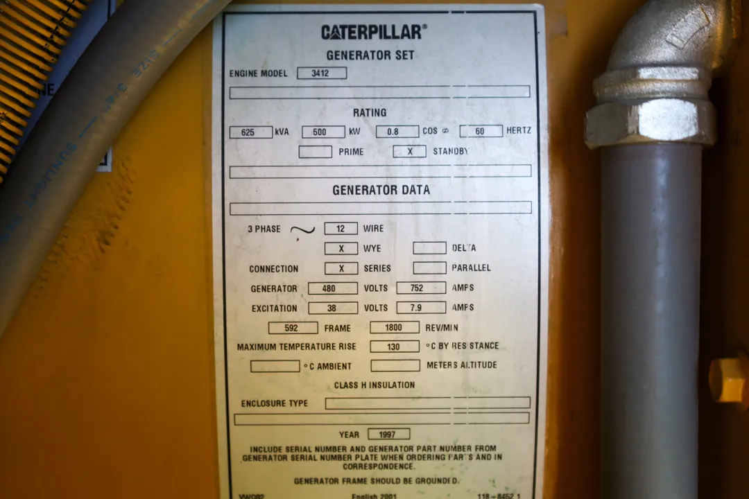 6 500kw caterpillar industrial generator unit 092091 data tag