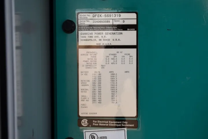 6 500kw cummins industrial generator unit 090217 data tag