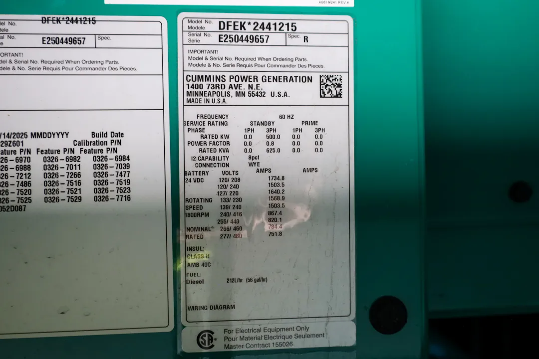 6 500kw cummins industrial generator unit 091486 data tag