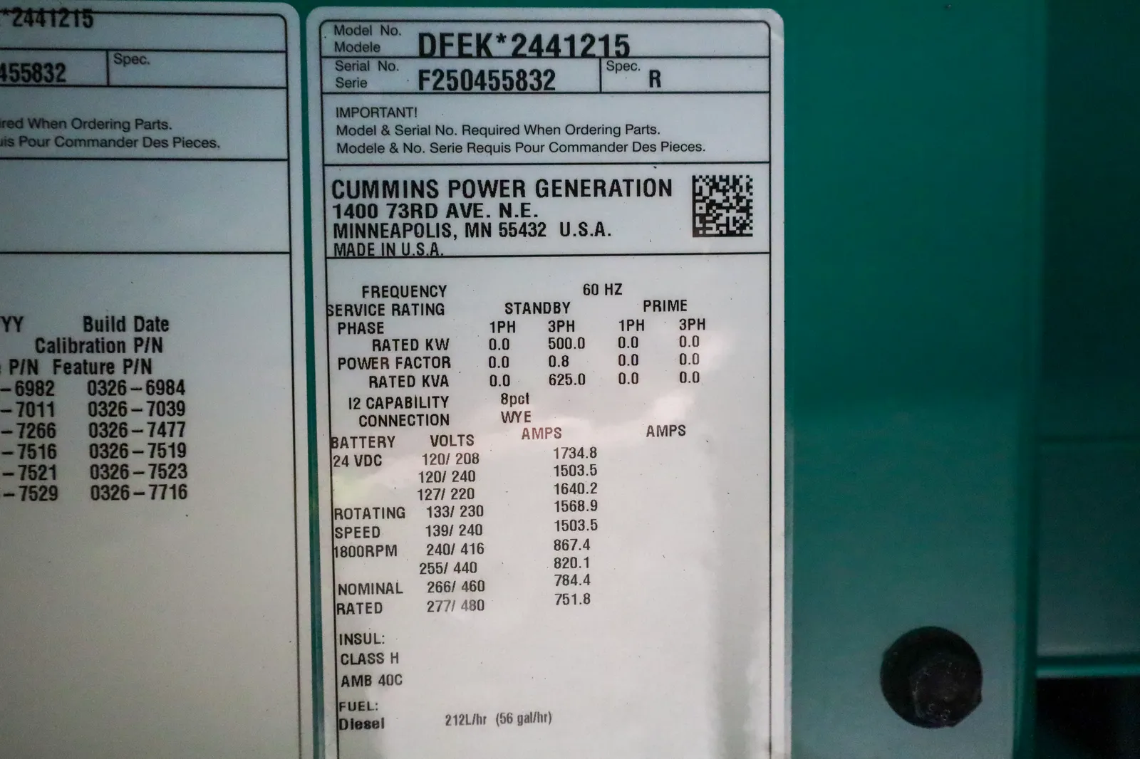 6 500kw cummins industrial generator unit 091487 data tag
