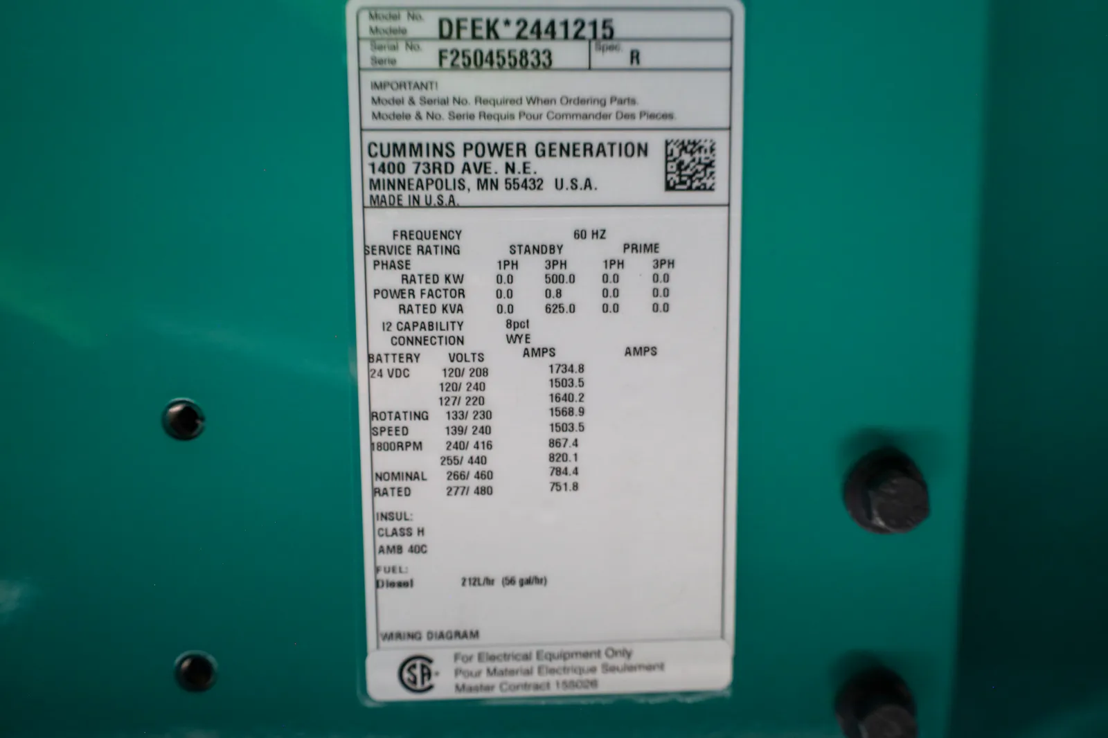 6 500kw cummins industrial generator unit 091488 data tag