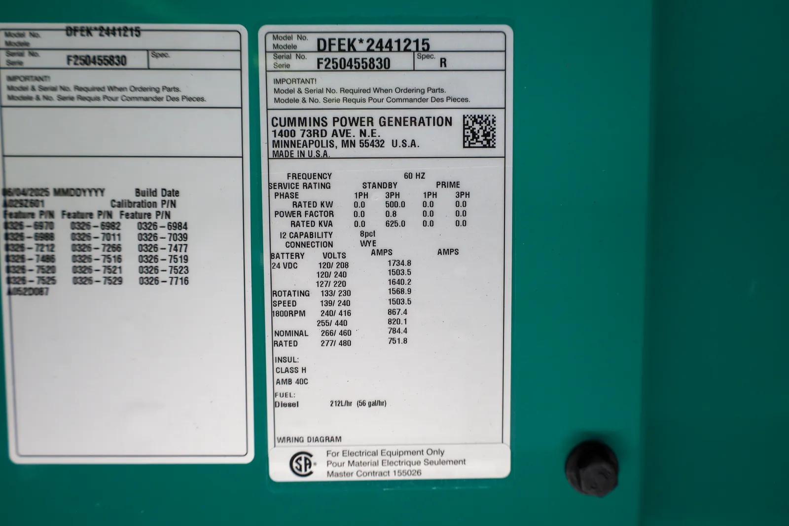 6 500kw cummins industrial generator unit 091489 data tag