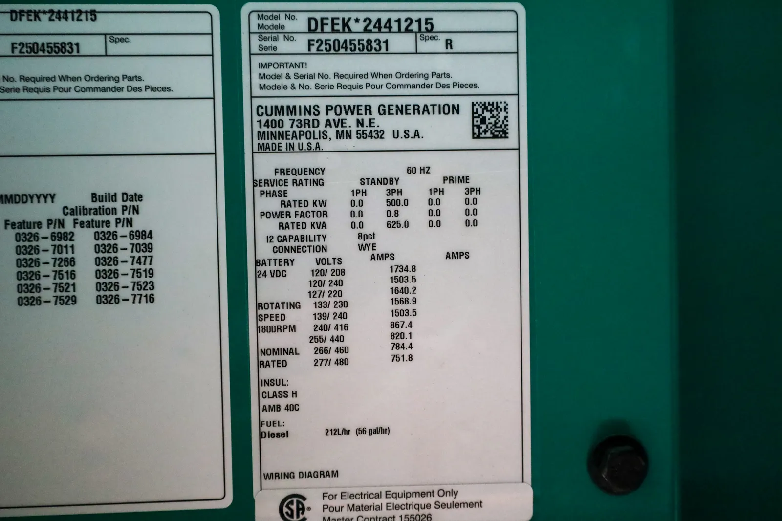 6 500kw cummins industrial generator unit 091491 data tag