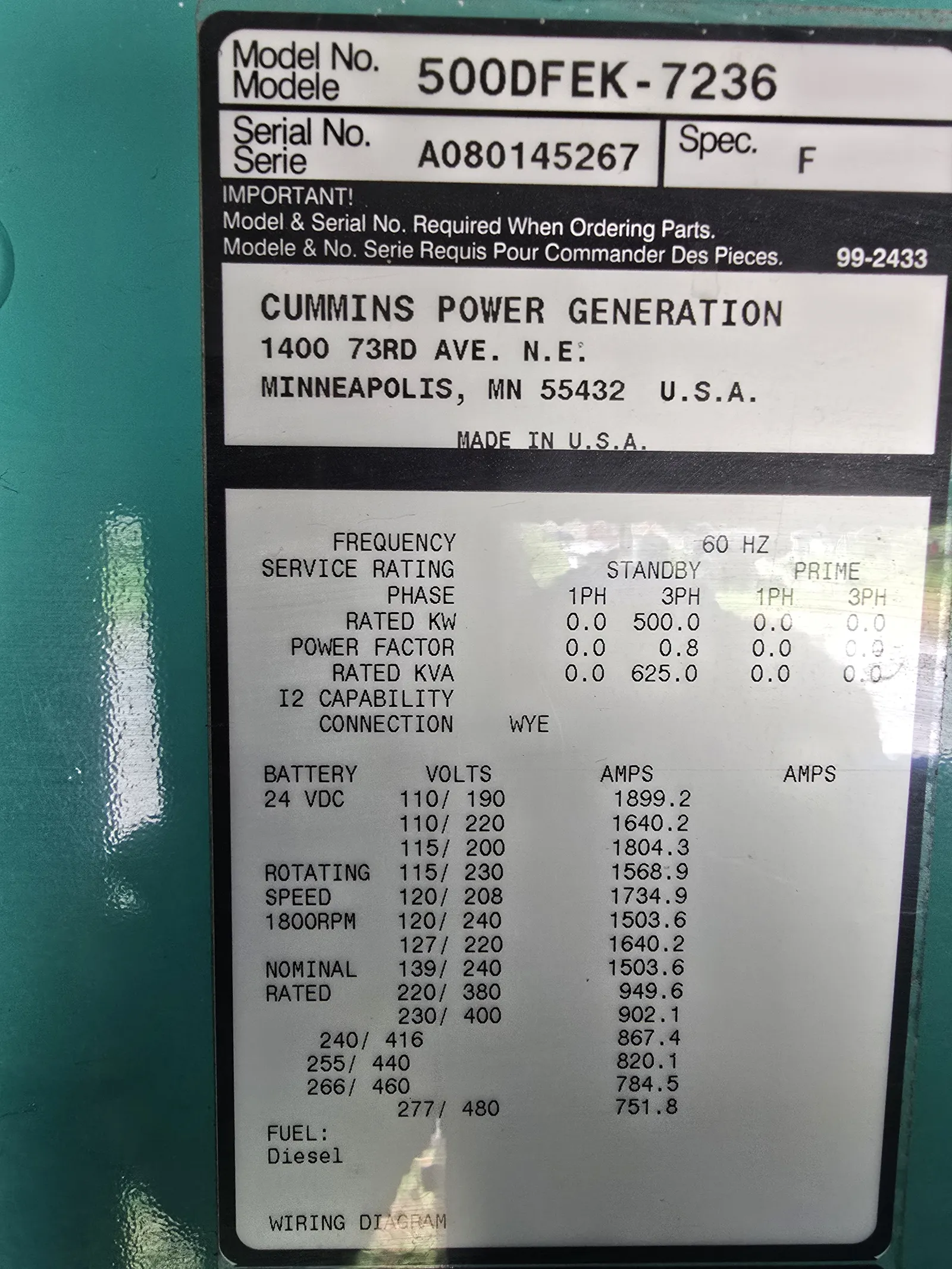 6 500kw cummins industrial generator unit 092160 data tag