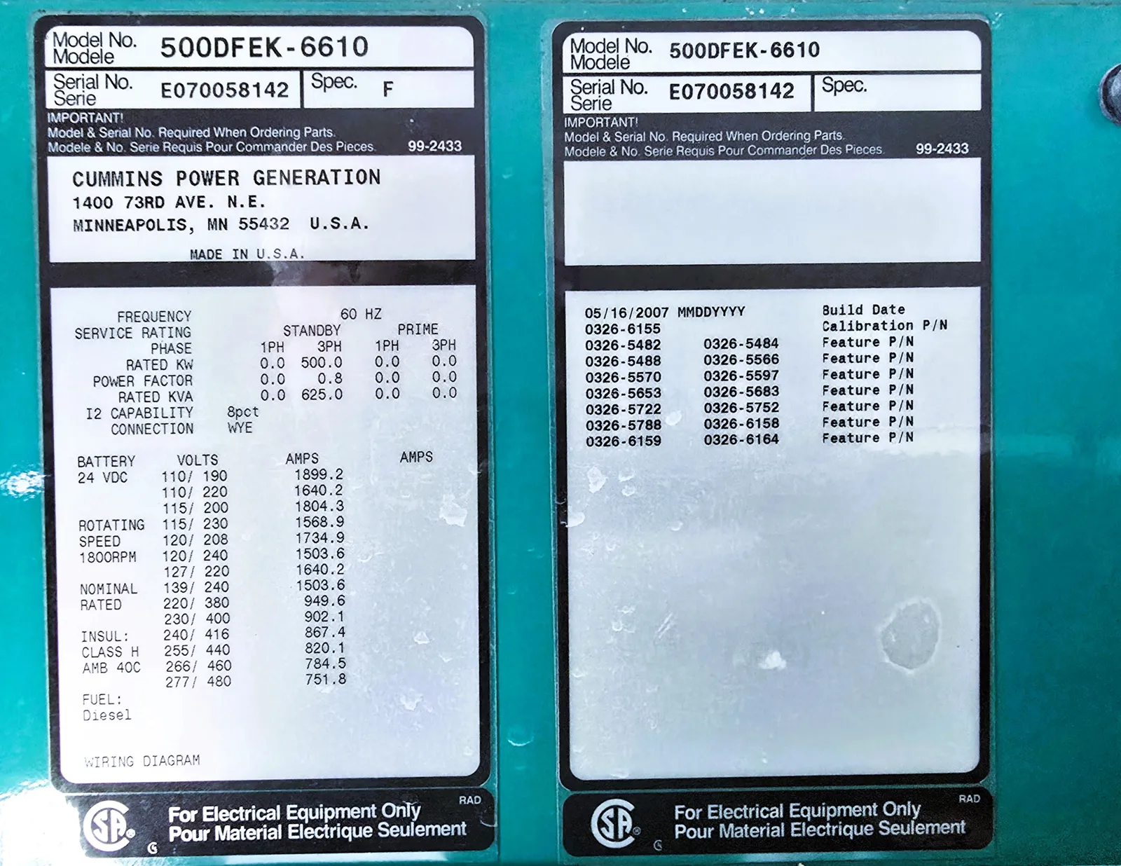 6 500kw cummins industrial generator unit 092161 data tag