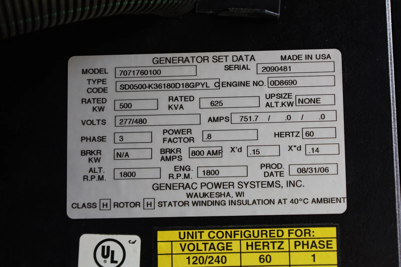 6 500kw generac industrial generator unit 092469 data tag