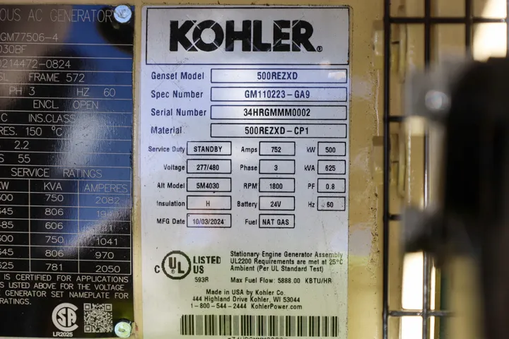 6 500kw kohler industrial generator unit 090301 data tag