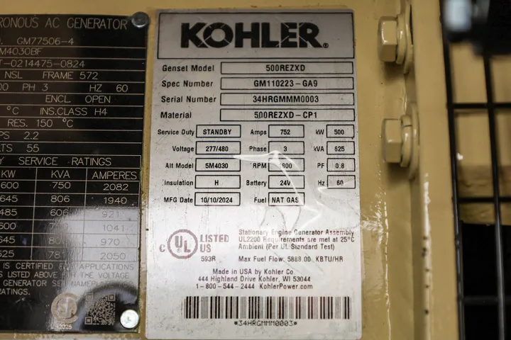 6 500kw kohler industrial generator unit 090302 data tag