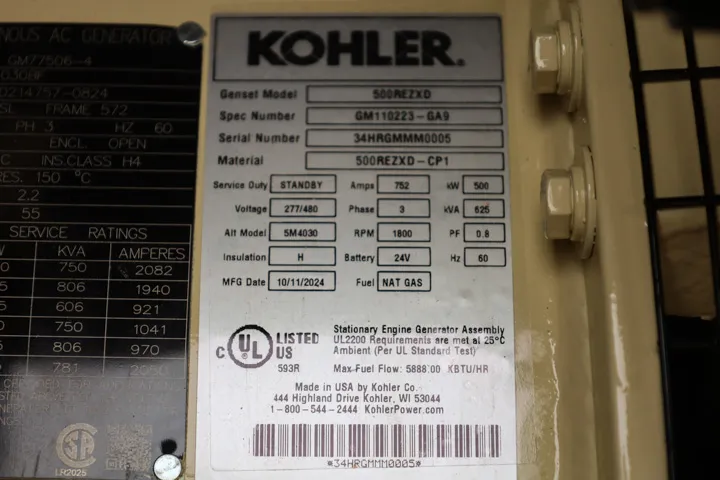 6 500kw kohler industrial generator unit 090303 data tag