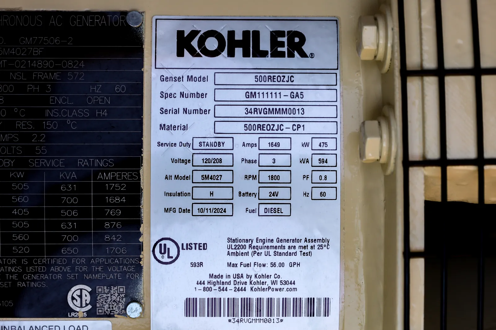 6 500kw kohler industrial generator unit 092465 data tag