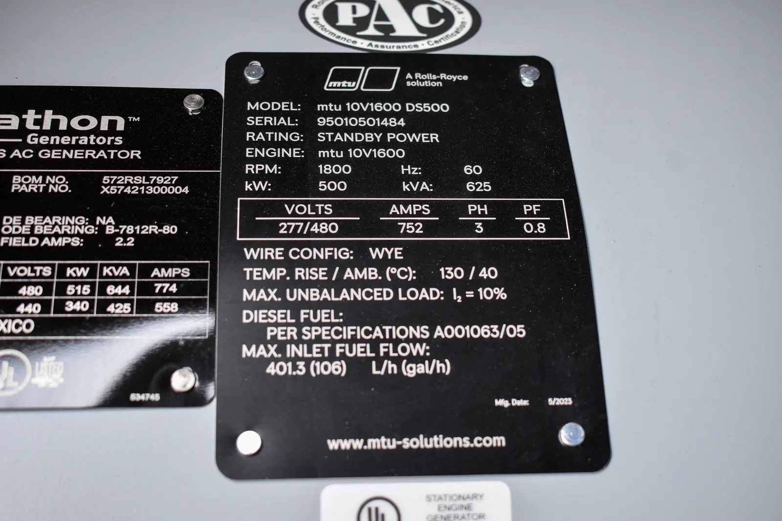 6 500kw mtu industrial generator unit 071413 data tag