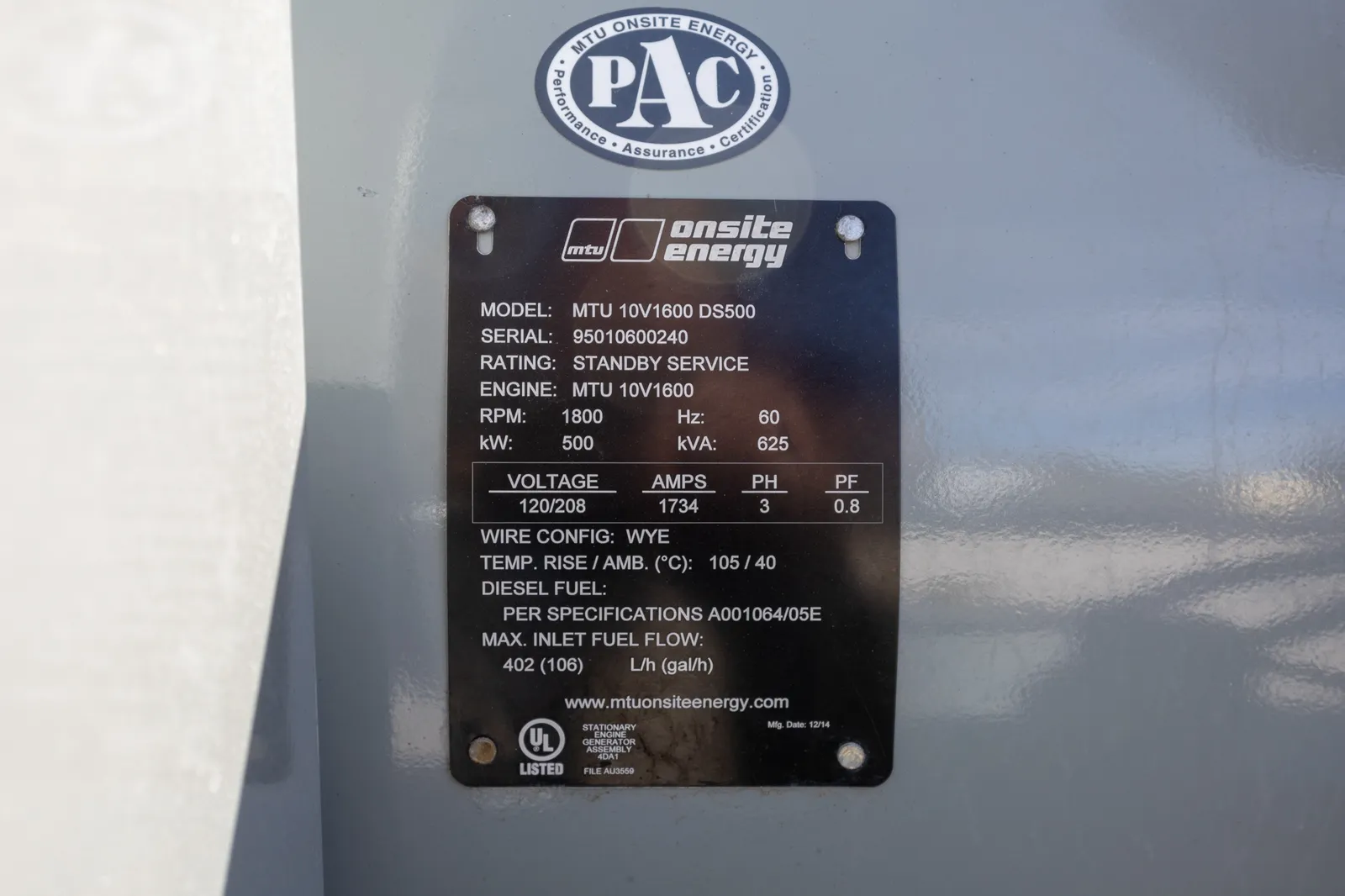 6 500kw mtu industrial generator unit 090714 data tag