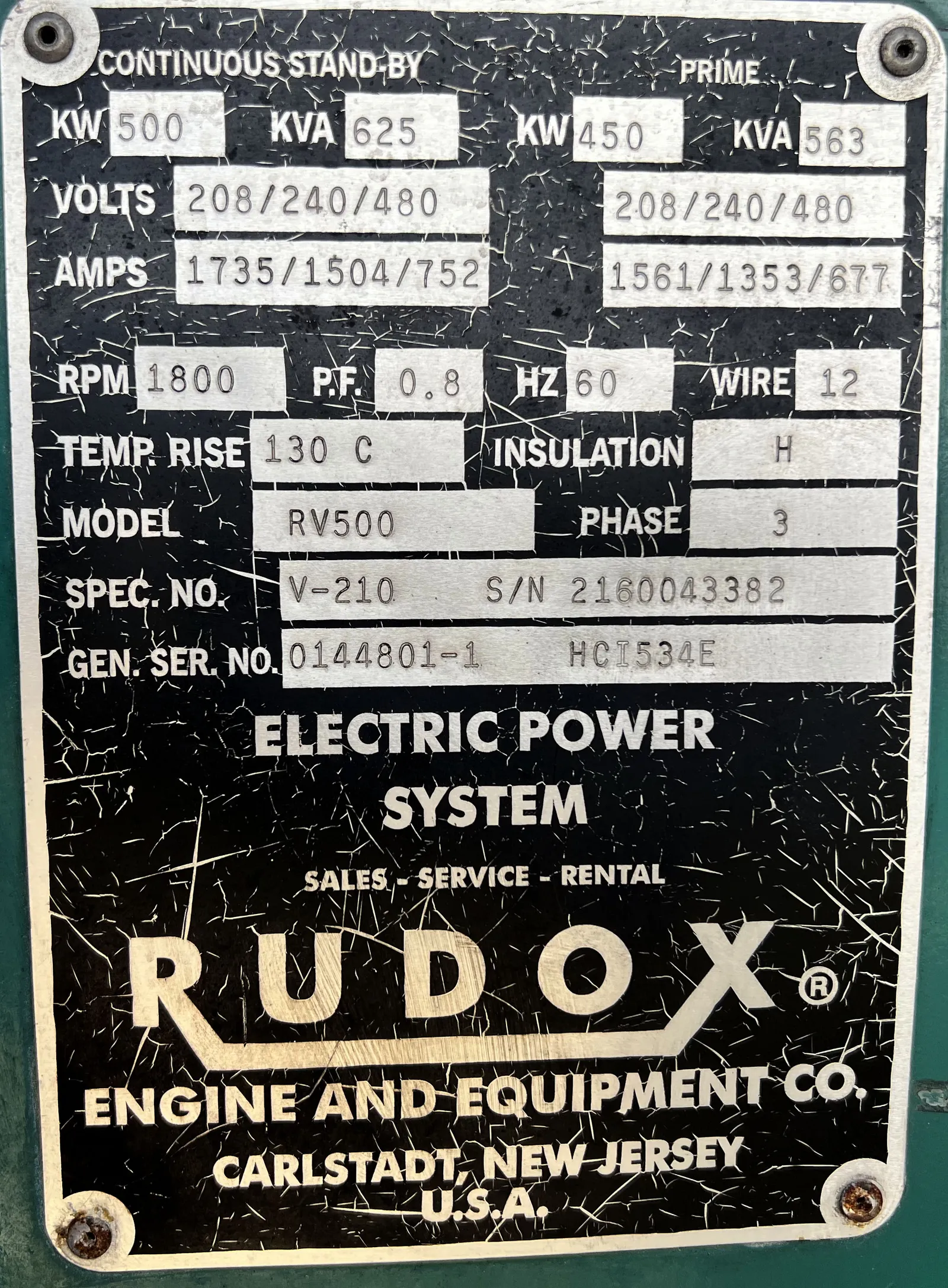 6 500kw volvo industrial generator unit 089104 data tag
