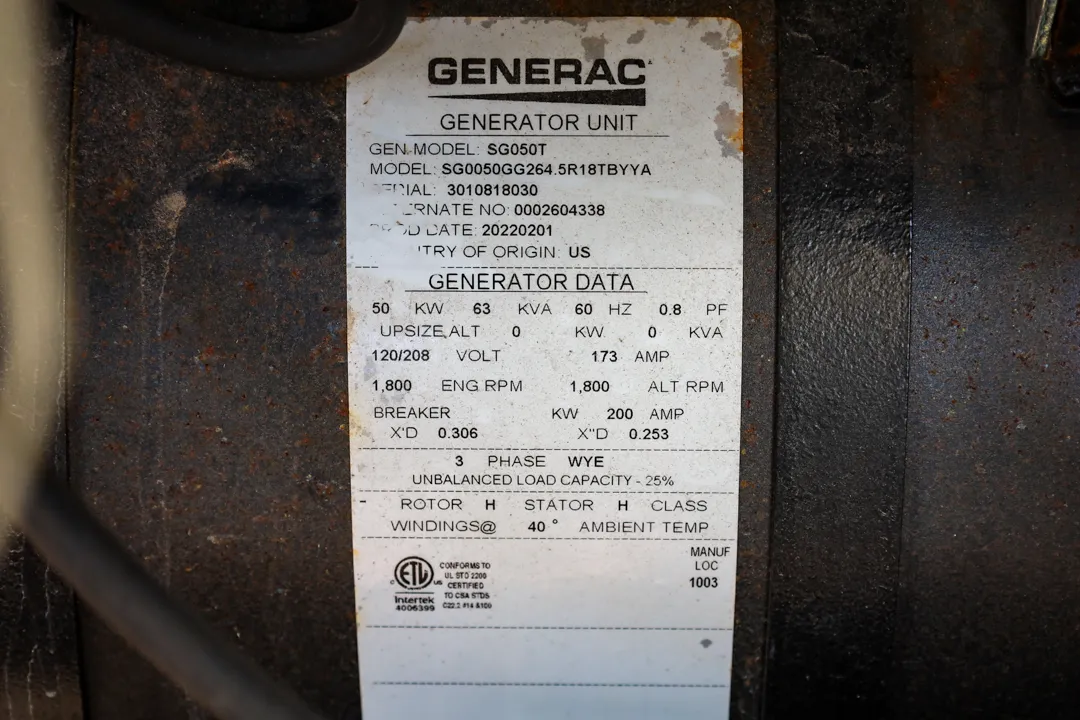 6 50kw generac industrial generator unit 092057 data tag